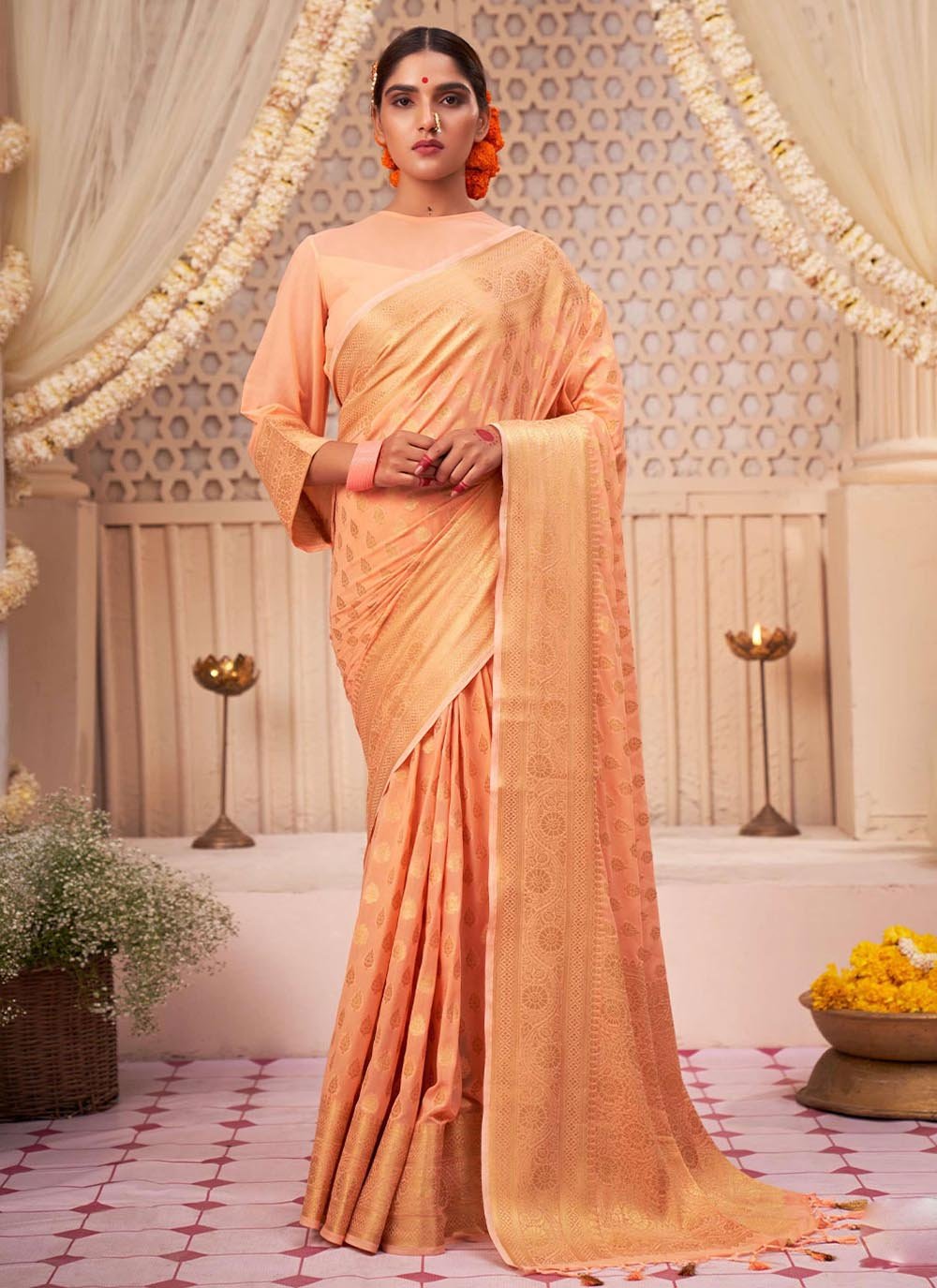 Designer Georgette Peach Weaving Saree