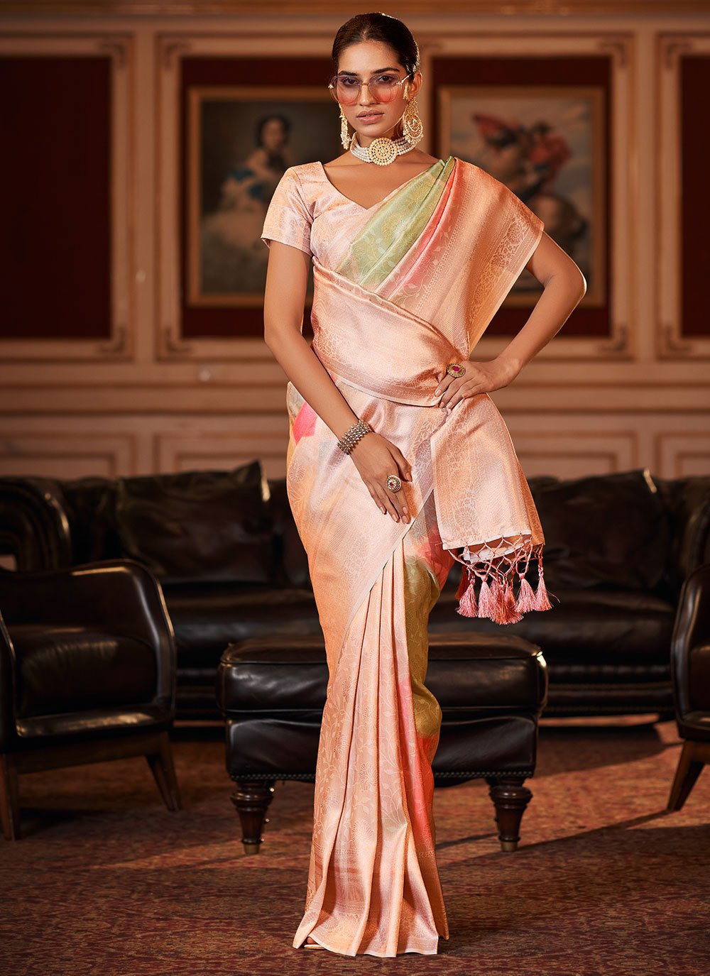 Trendy Saree Jacquard Peach Digital Print Saree