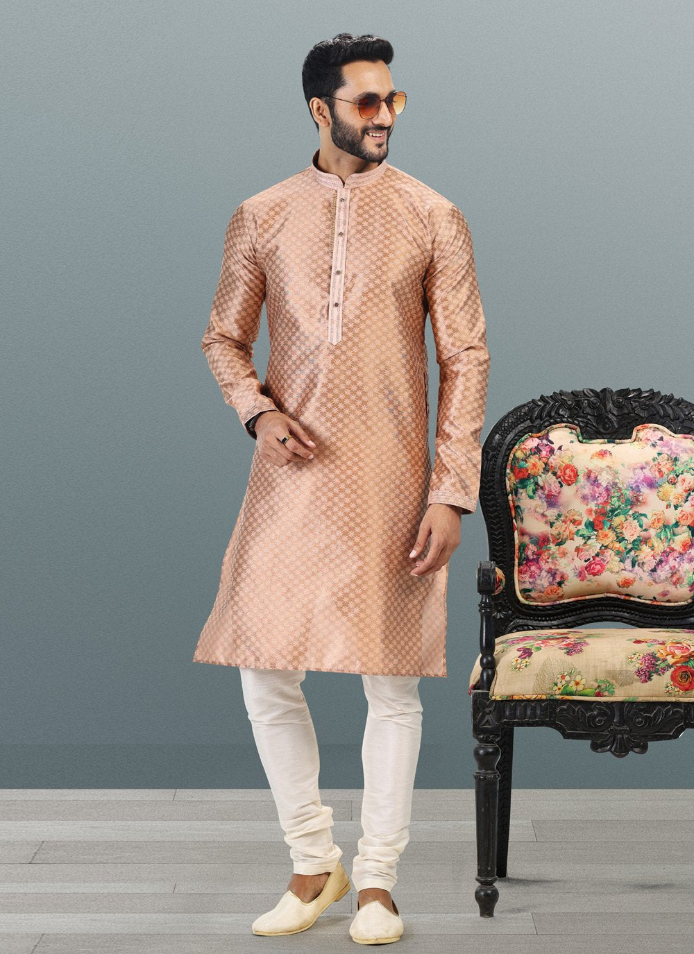 Kurta Pyjama Banarasi Silk Jacquard Peach Fancy Work Mens