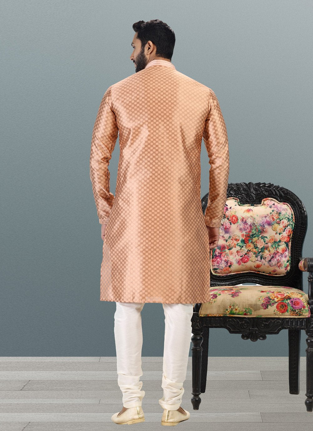 Kurta Pyjama Banarasi Silk Jacquard Peach Fancy Work Mens