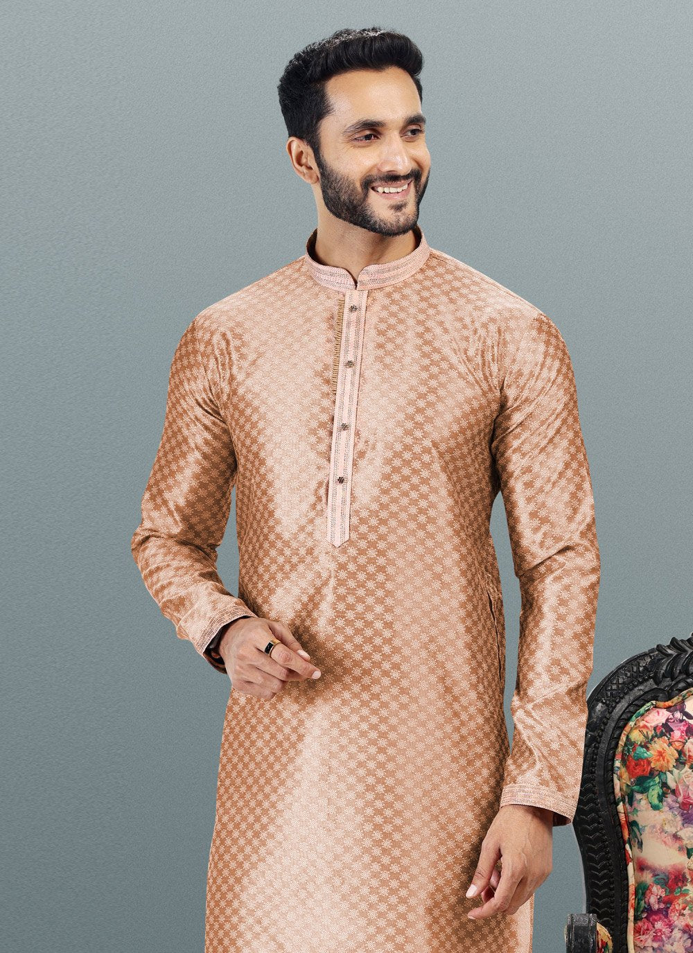 Kurta Pyjama Banarasi Silk Jacquard Peach Fancy Work Mens