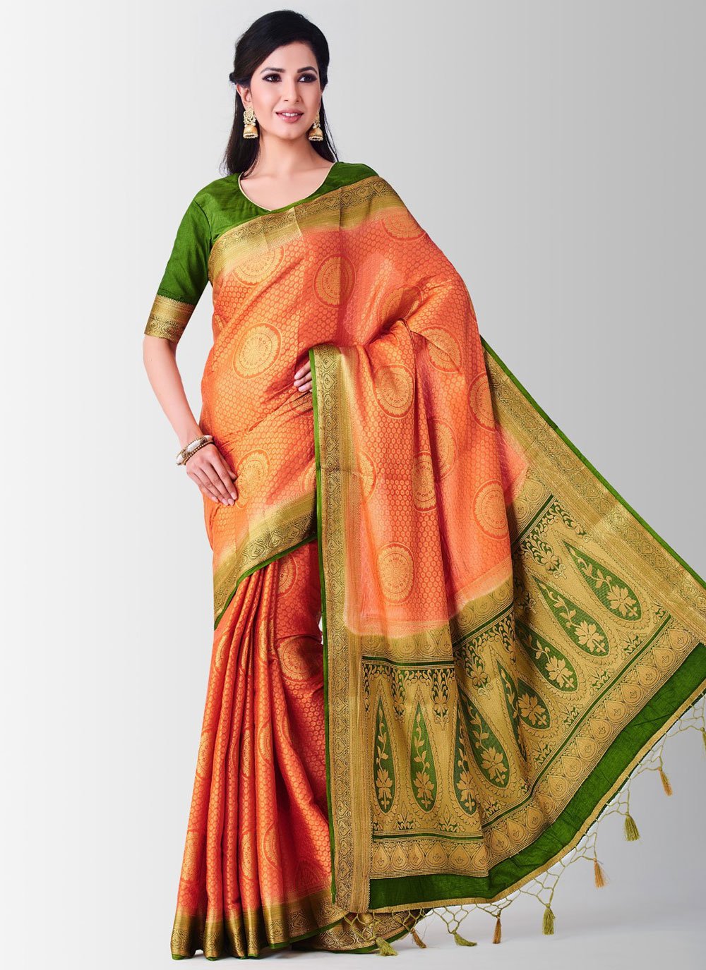 Trendy Saree Kanjivaram Silk Peach Zari Saree