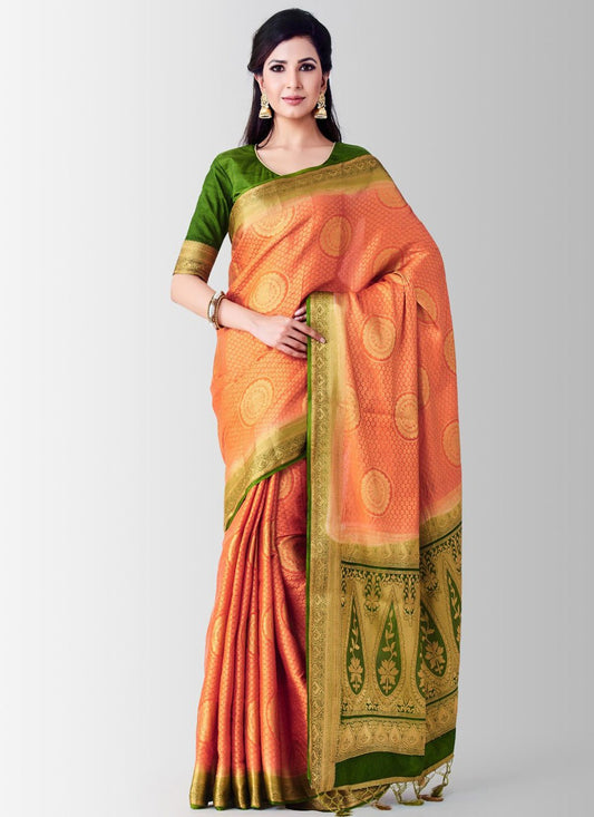 Trendy Saree Kanjivaram Silk Peach Zari Saree