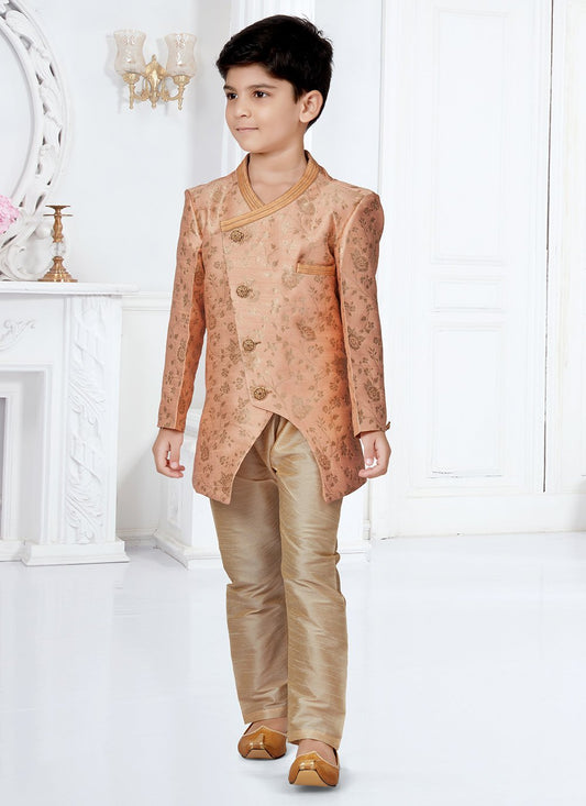 Indo Western Sherwani Jacquard Peach Lace Kids