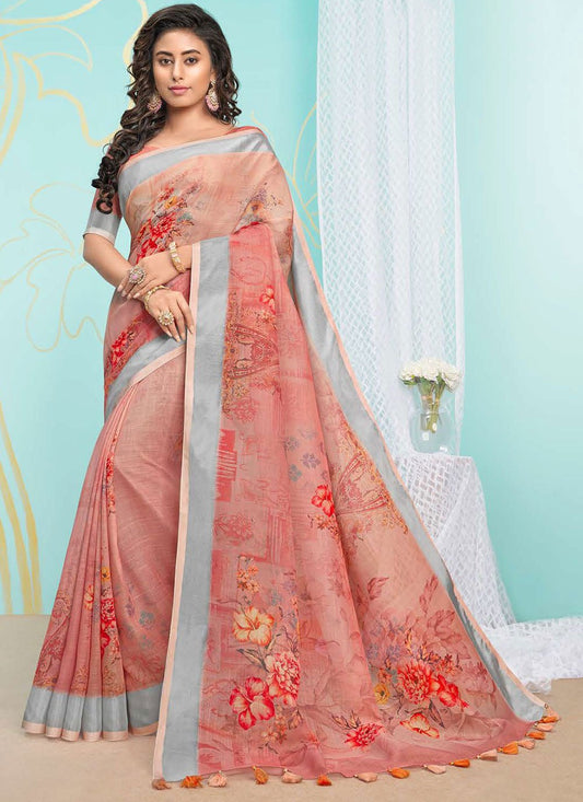 Classic Organza Peach Digital Print Saree