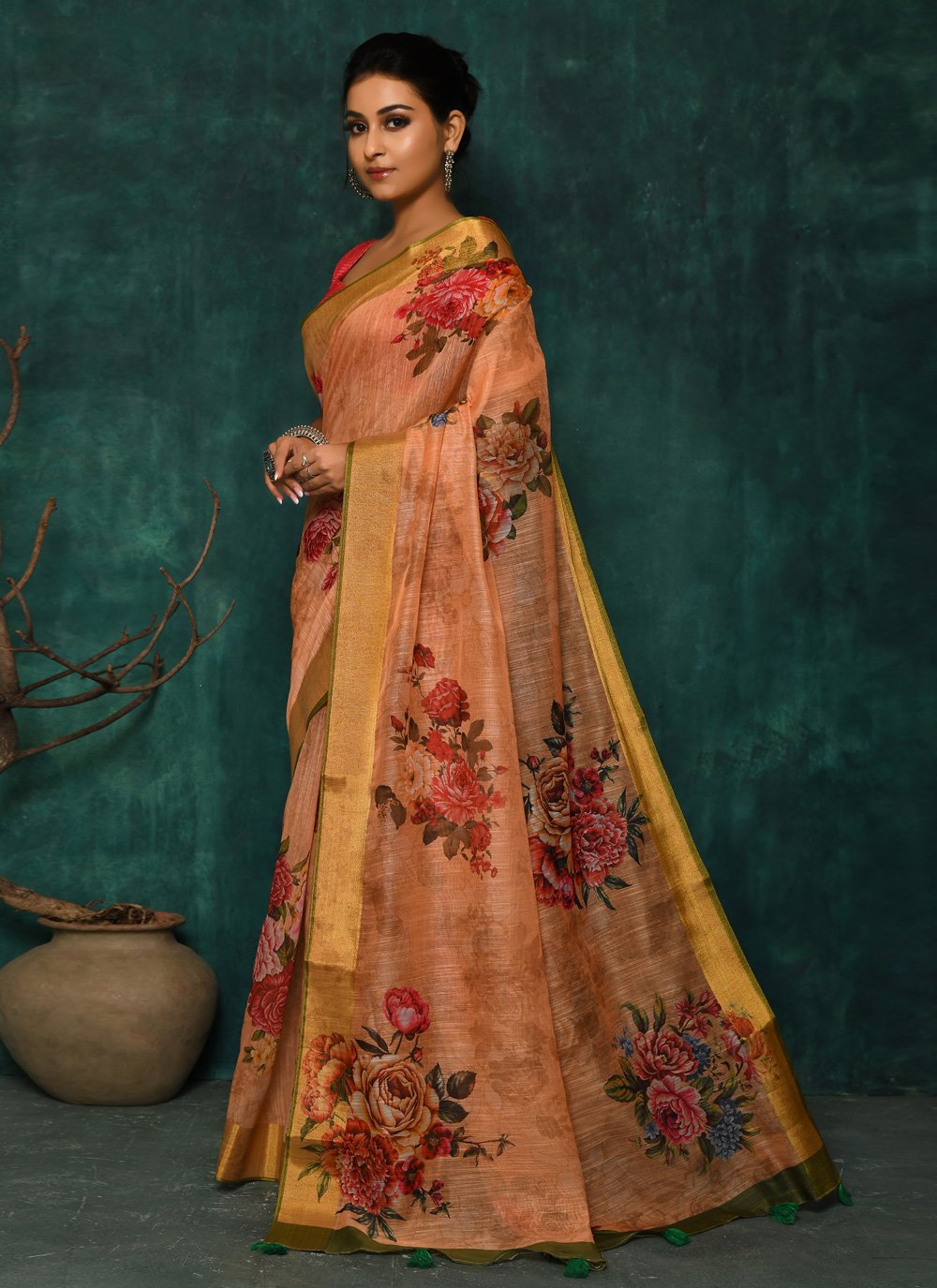 Designer Fancy Fabric Peach Digital Print Saree