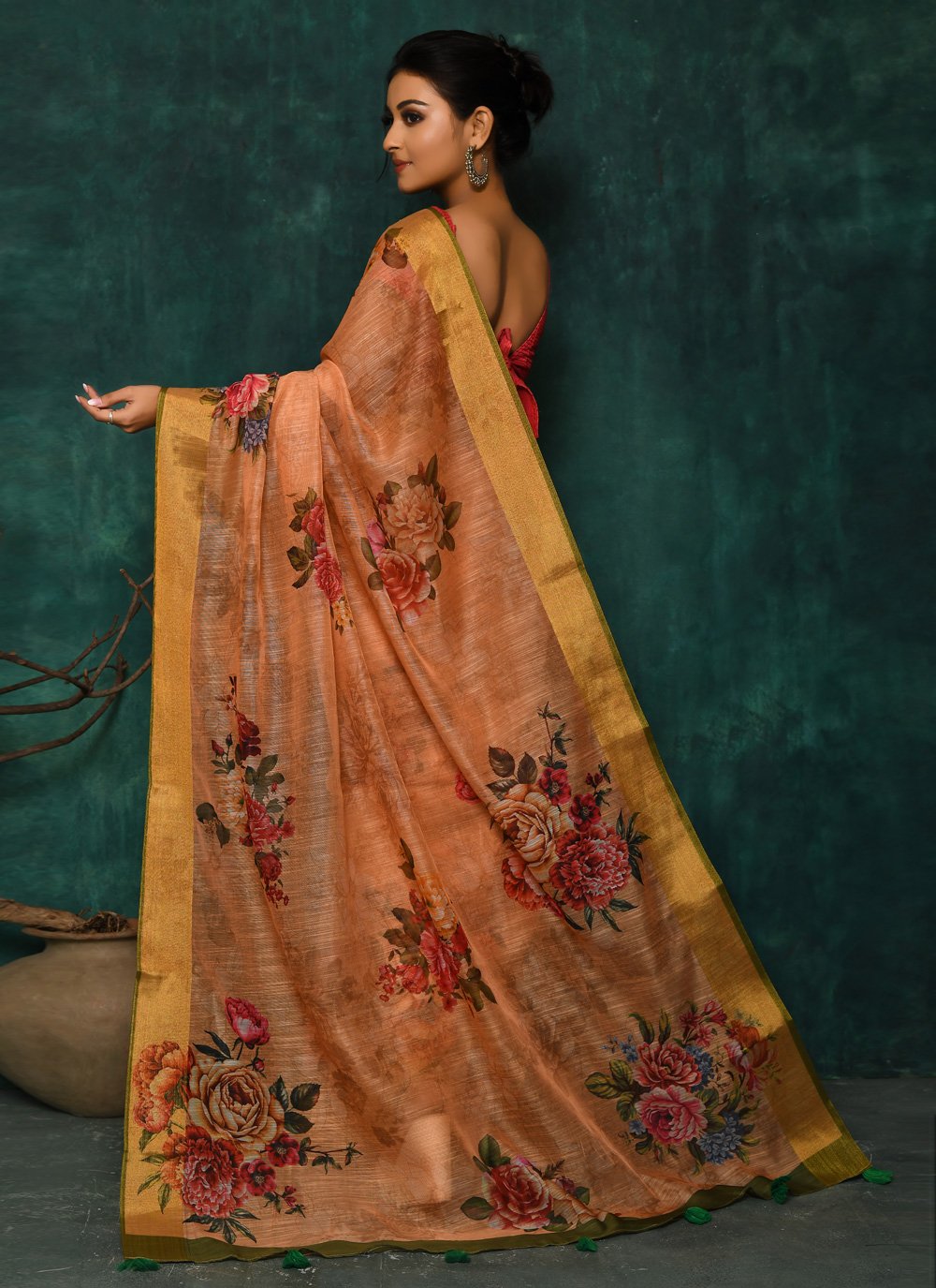 Designer Fancy Fabric Peach Digital Print Saree