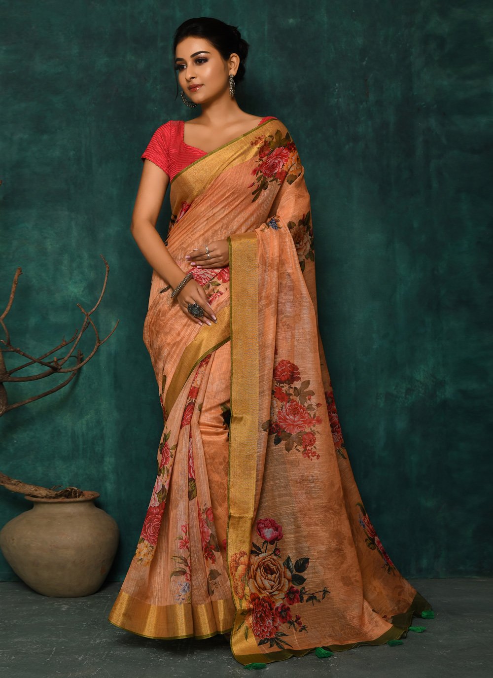 Designer Fancy Fabric Peach Digital Print Saree