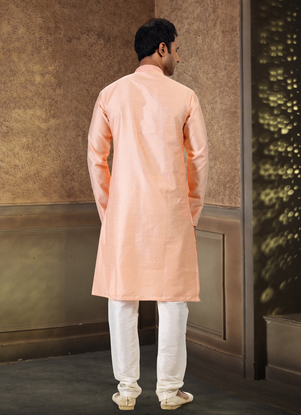 Kurta Pyjama Banarasi Silk Jacquard Peach Fancy Work Mens