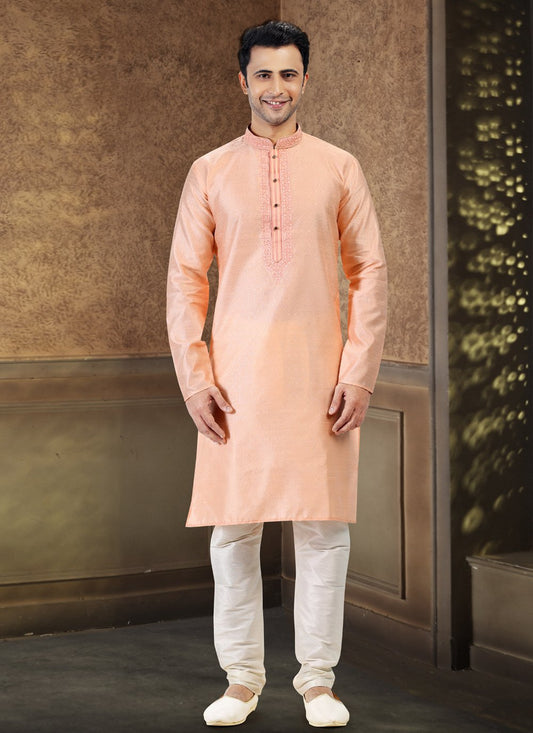 Kurta Pyjama Banarasi Silk Jacquard Peach Fancy Work Mens