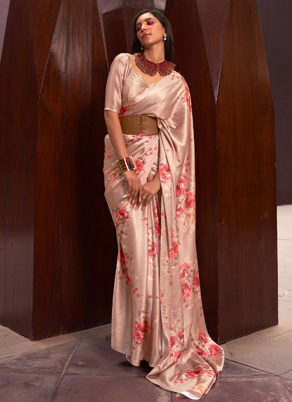 Printed Saree Satin Peach Floral Patch Saree