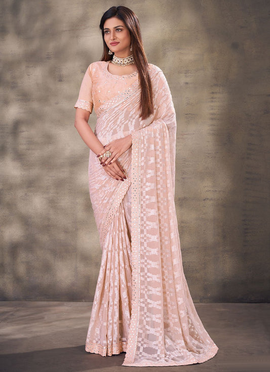 Trendy Saree Georgette Peach Mirror Saree