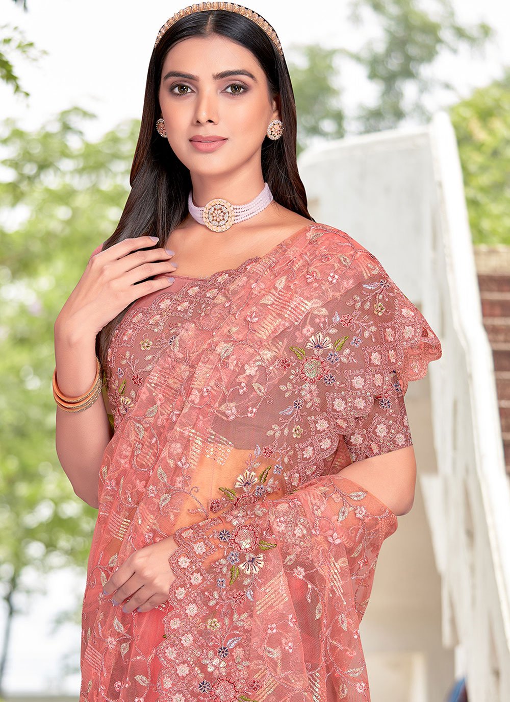 Contemporary Net Peach Embroidered Saree