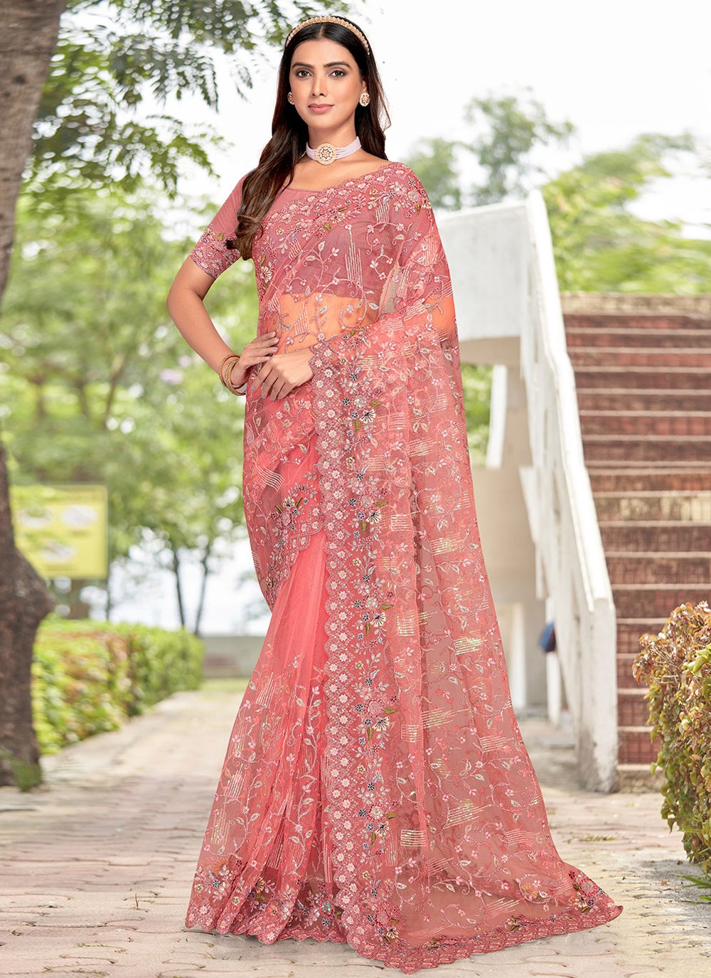 Contemporary Net Peach Embroidered Saree