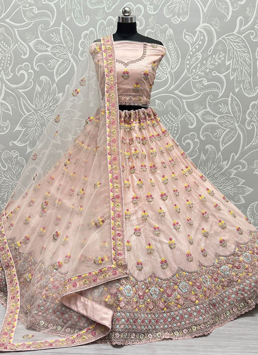 A Line Lehenga Net Peach Dori Work Lehenga Choli