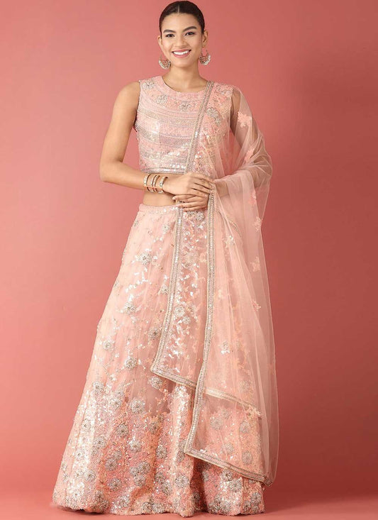 A Line Lehenga Net Peach Embroidered Lehenga Choli