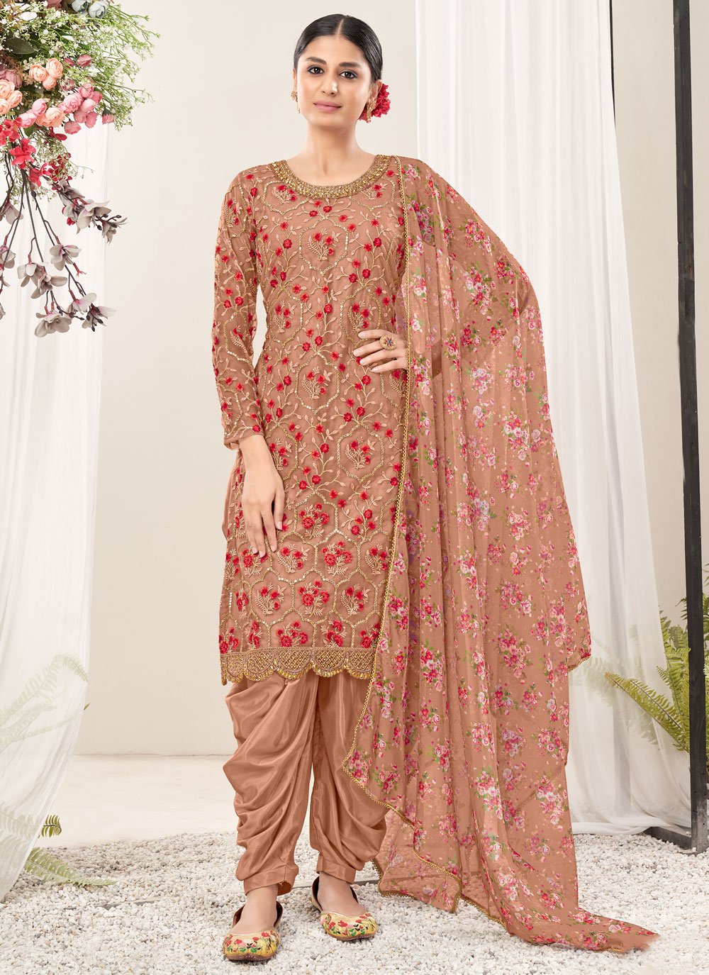 Salwar Suit Net Peach Embroidered Salwar Kameez