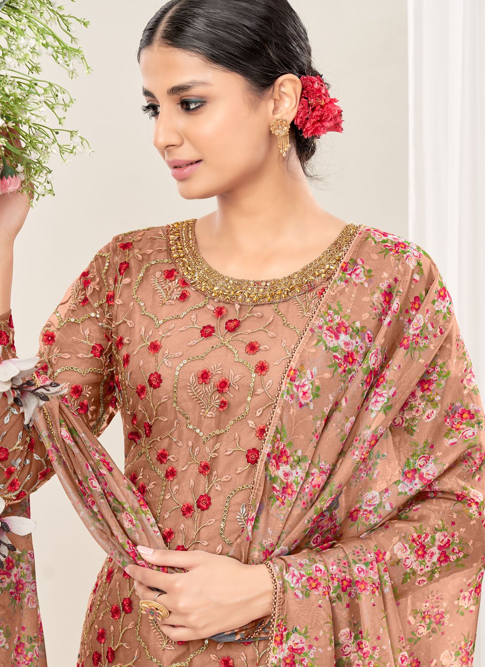 Salwar Suit Net Peach Embroidered Salwar Kameez