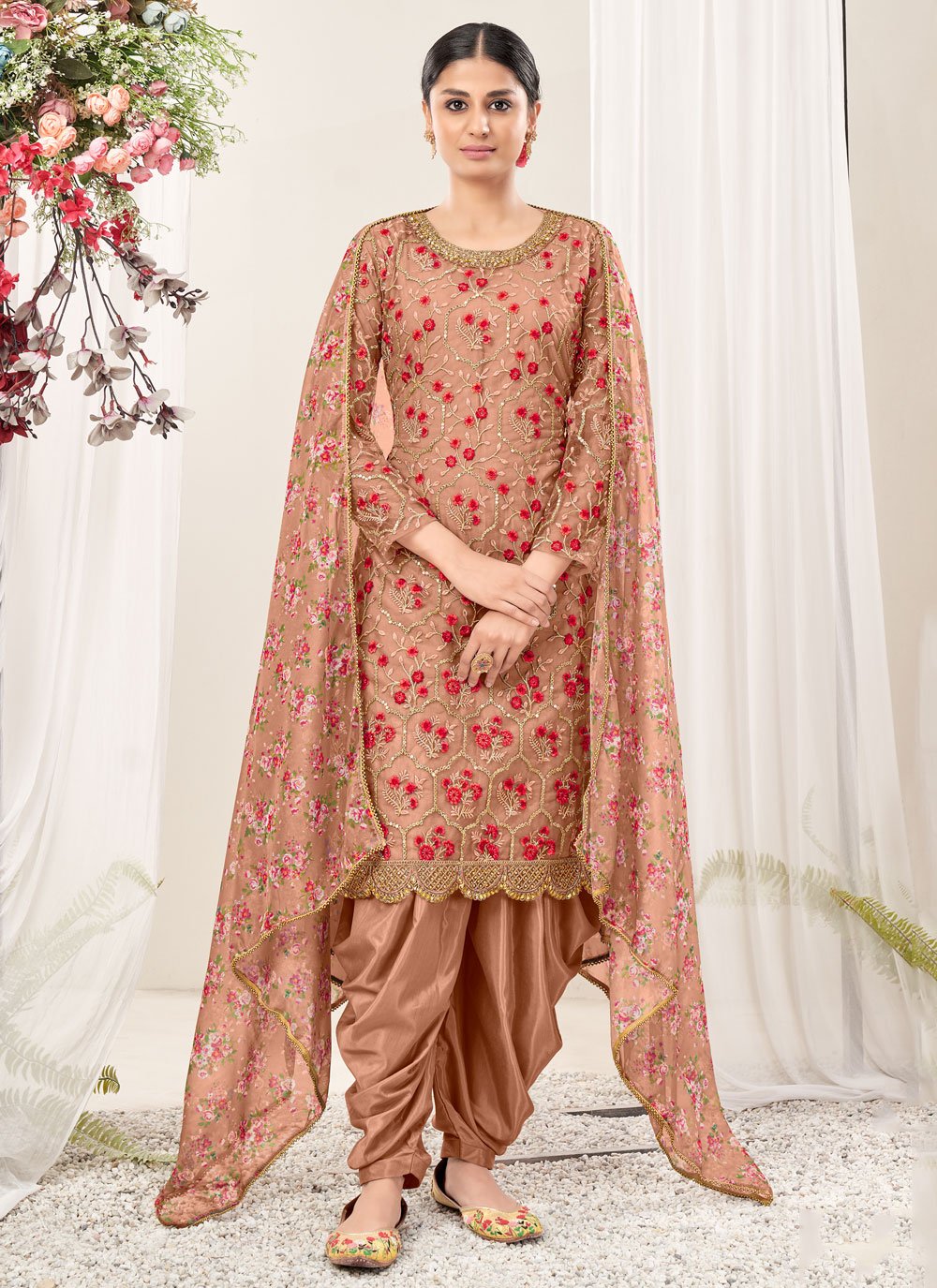 Salwar Suit Net Peach Embroidered Salwar Kameez