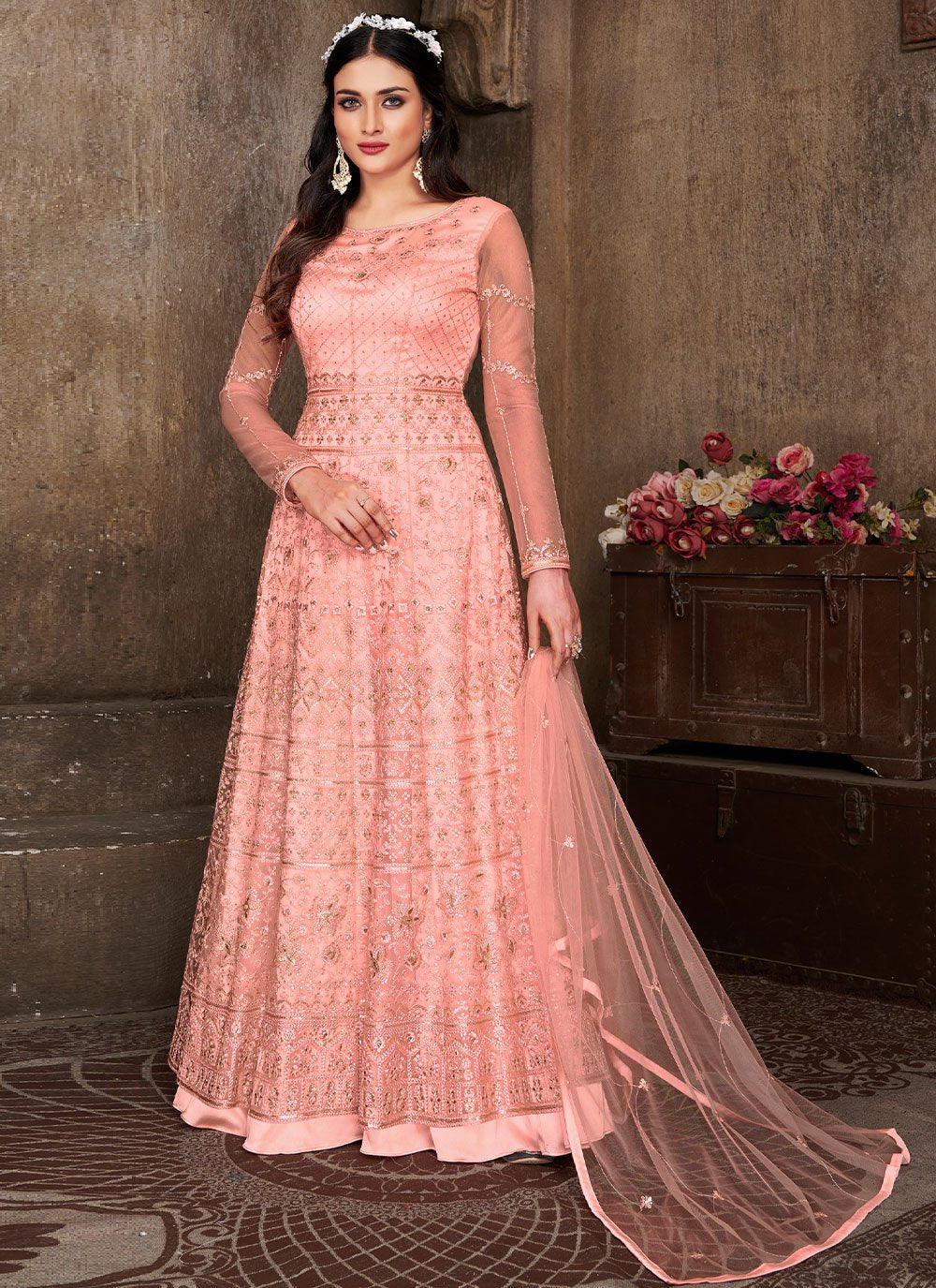 Salwar Suit Net Peach Embroidered Salwar Kameez