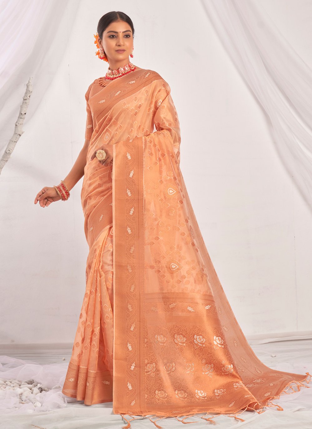 Designer Organza Peach Embroidered Saree