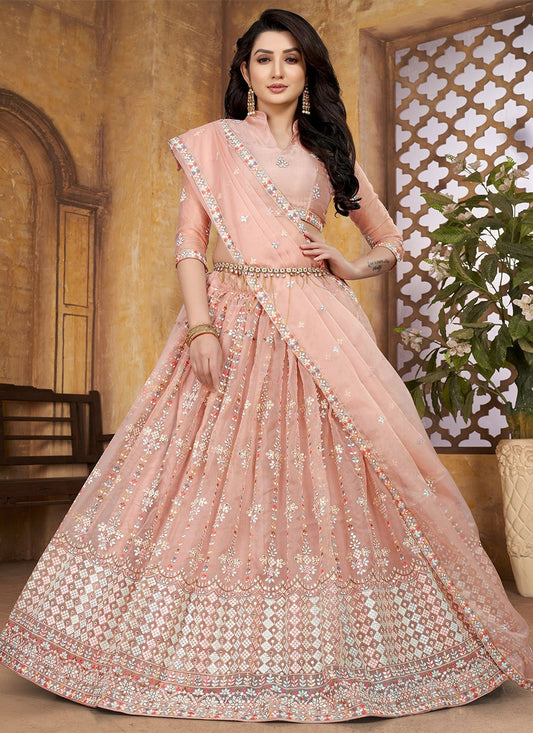 Lehenga Choli Organza Peach Embroidered Lehenga Choli