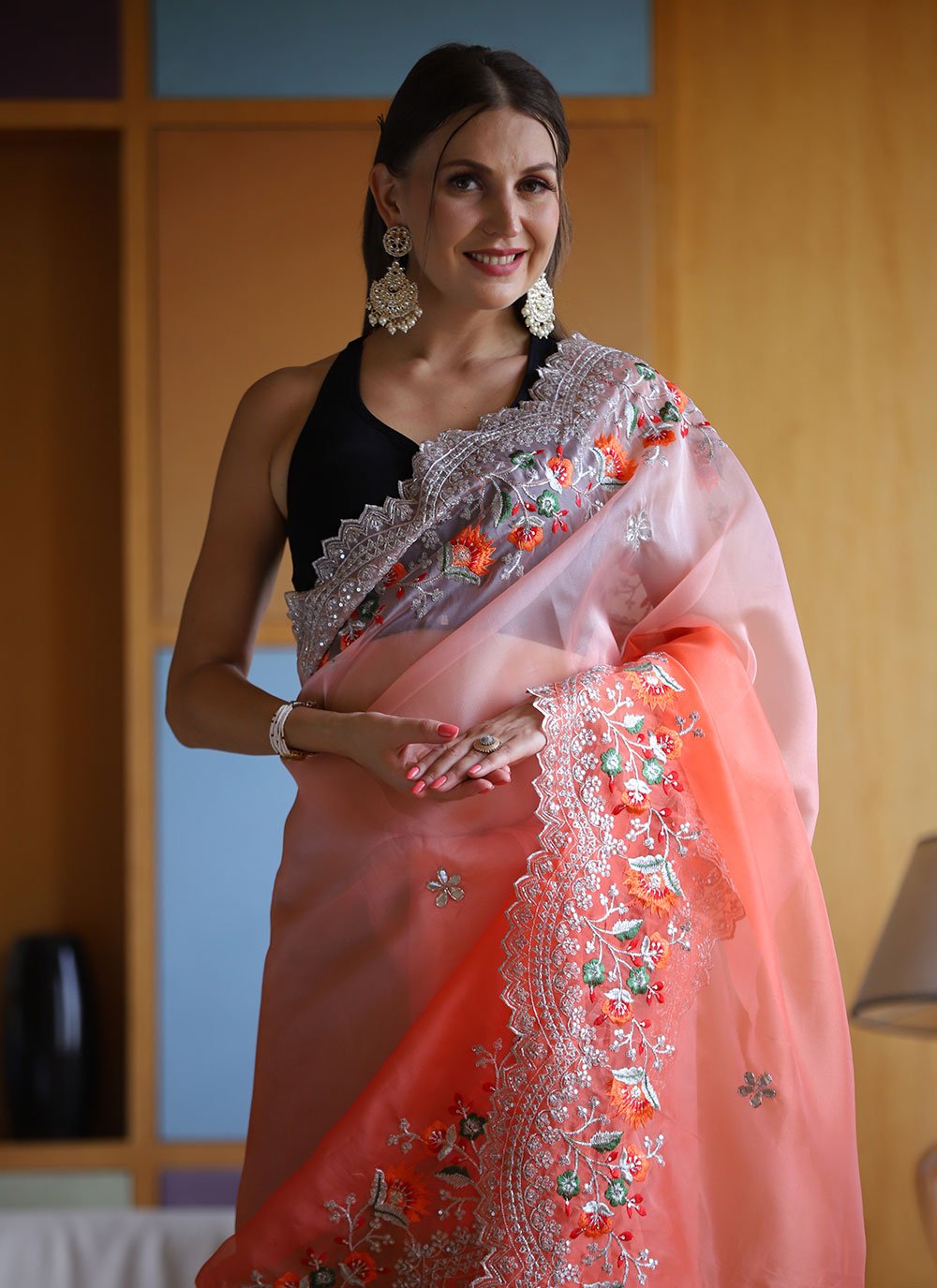 Trendy Saree Organza Peach Embroidered Saree