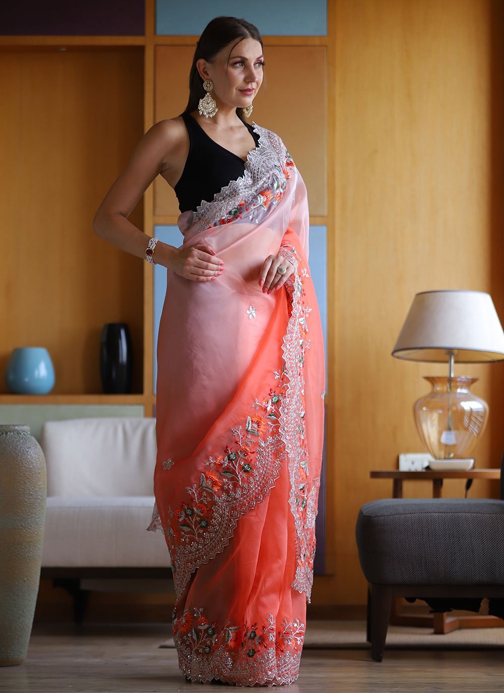 Trendy Saree Organza Peach Embroidered Saree