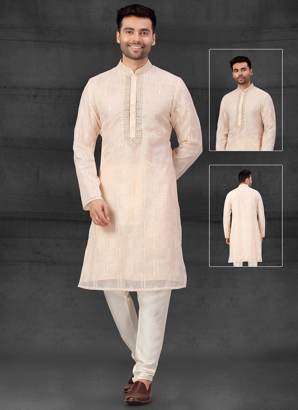 Kurta Pyjama Organza Silk Peach Fancy Work Mens