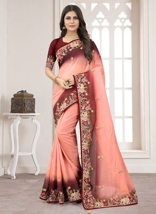 Classic Organza Peach Embroidered Saree