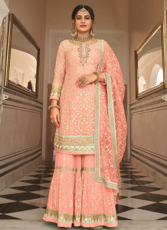 Palazzo Salwar Suit Faux Georgette Peach Embroidered Salwar Kameez