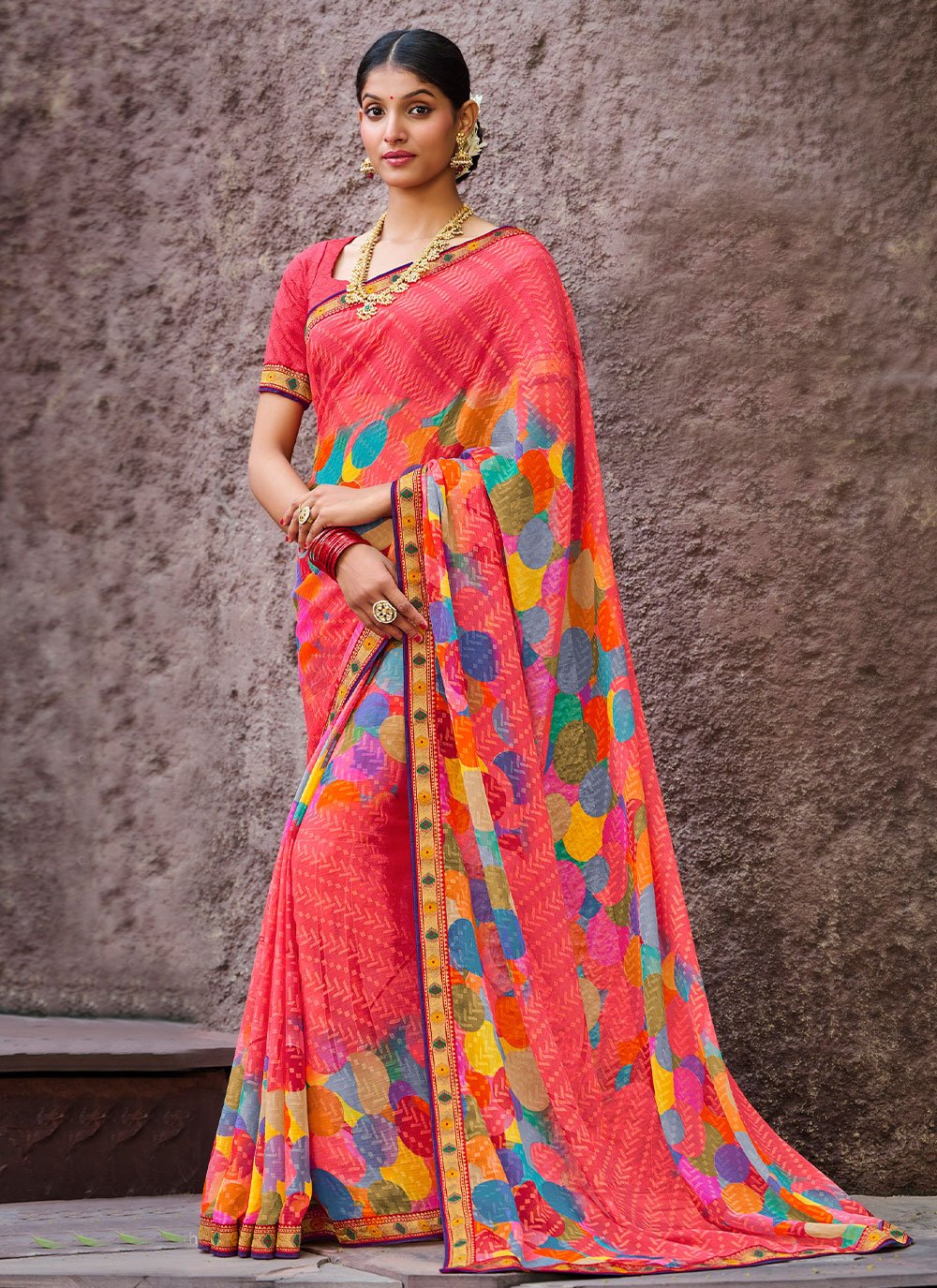 Classic Brasso Chiffon Peach Fancy Work Saree