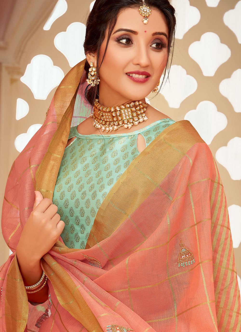 Classic Cotton Peach Khatli Work Saree