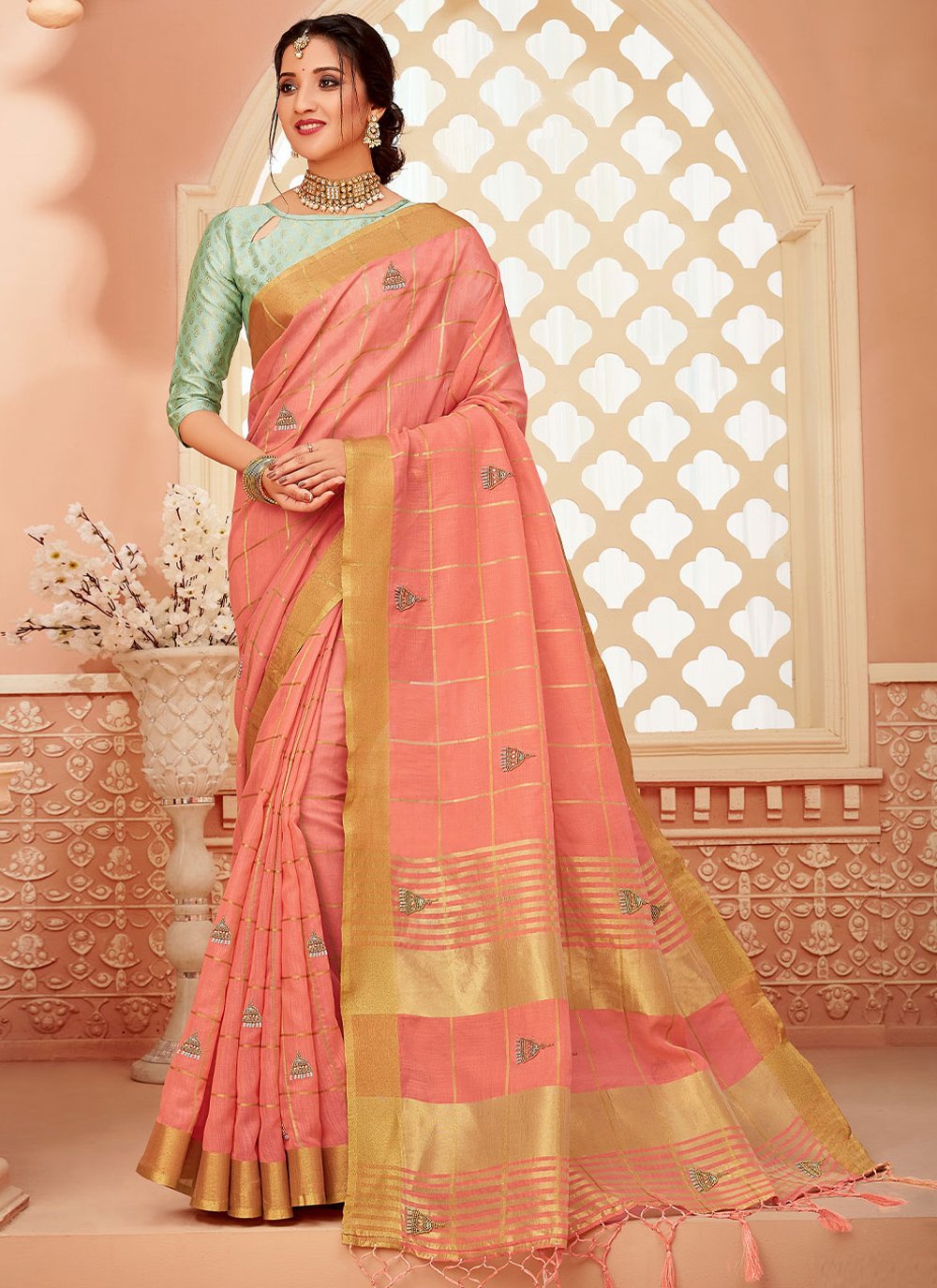 Classic Cotton Peach Khatli Work Saree