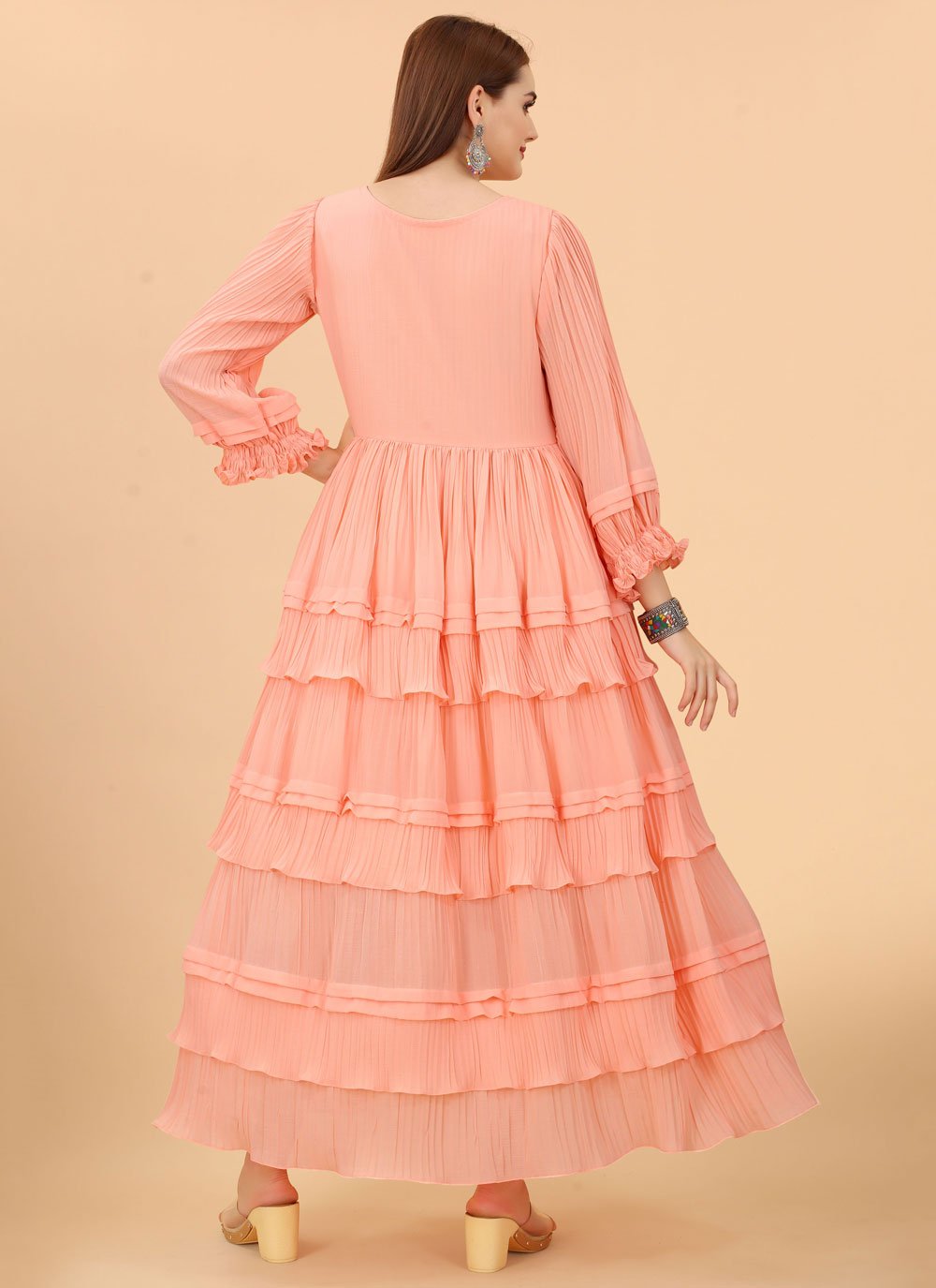 Designer Gown Georgette Peach Plain Gown