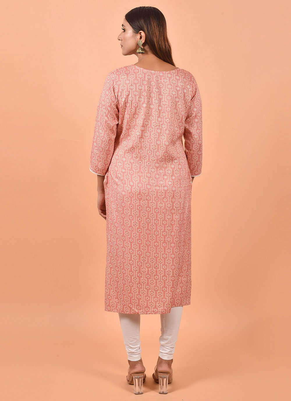 Designer Kurti Cotton Peach Print Kurtis