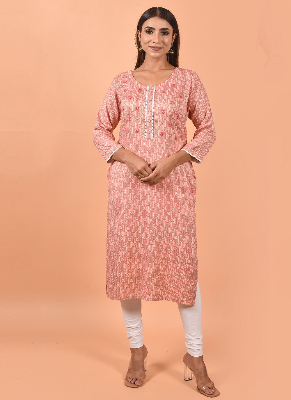 Designer Kurti Cotton Peach Print Kurtis