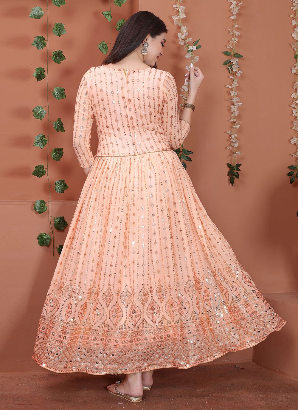 Gown Faux Georgette Peach Sequins Gown