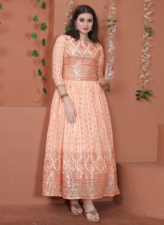 Gown Faux Georgette Peach Sequins Gown
