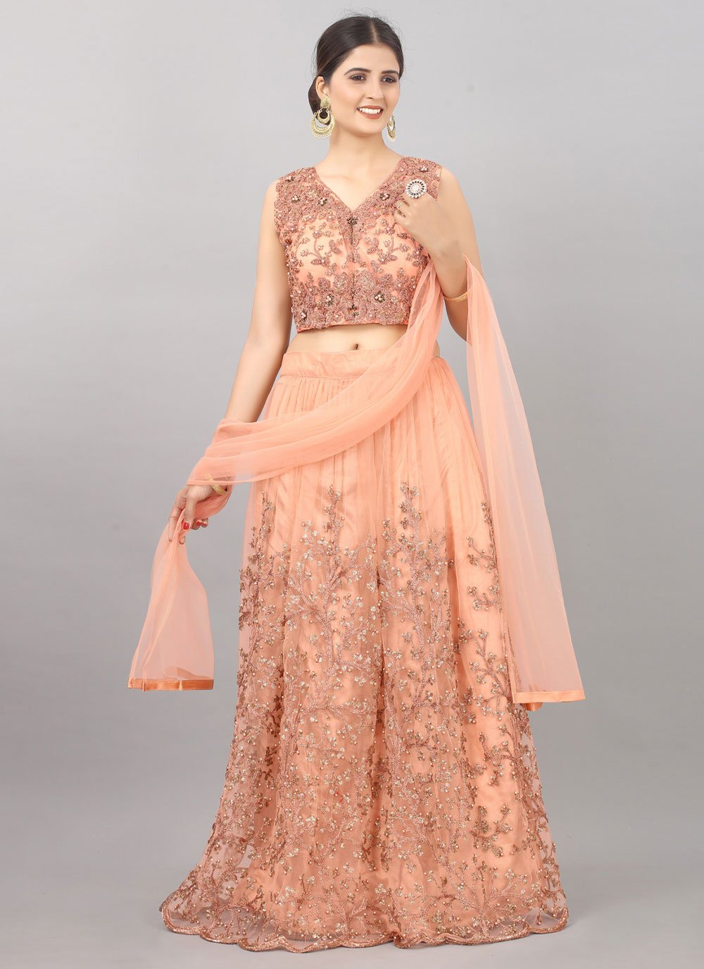 Lehenga Choli Net Peach Embroidered Lehenga Choli