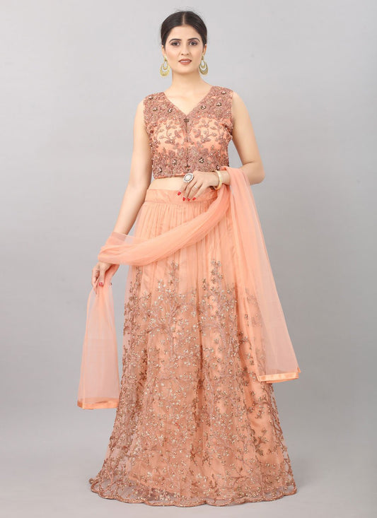 Lehenga Choli Net Peach Embroidered Lehenga Choli