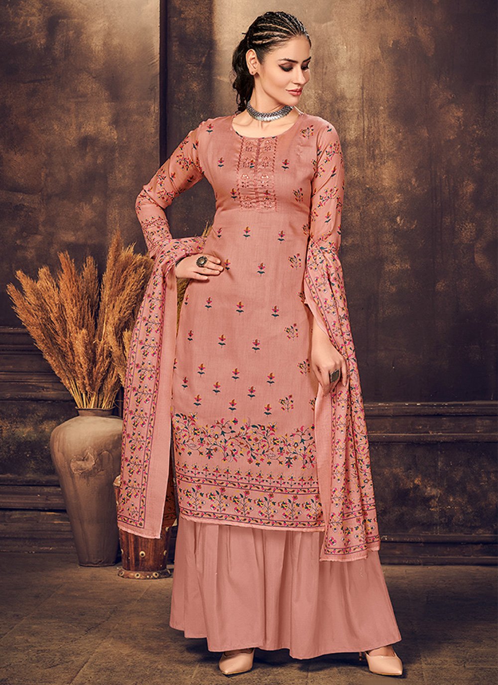 Floor Lenght Salwar Suit Cotton Muslin Peach Digital Print Salwar Kameez