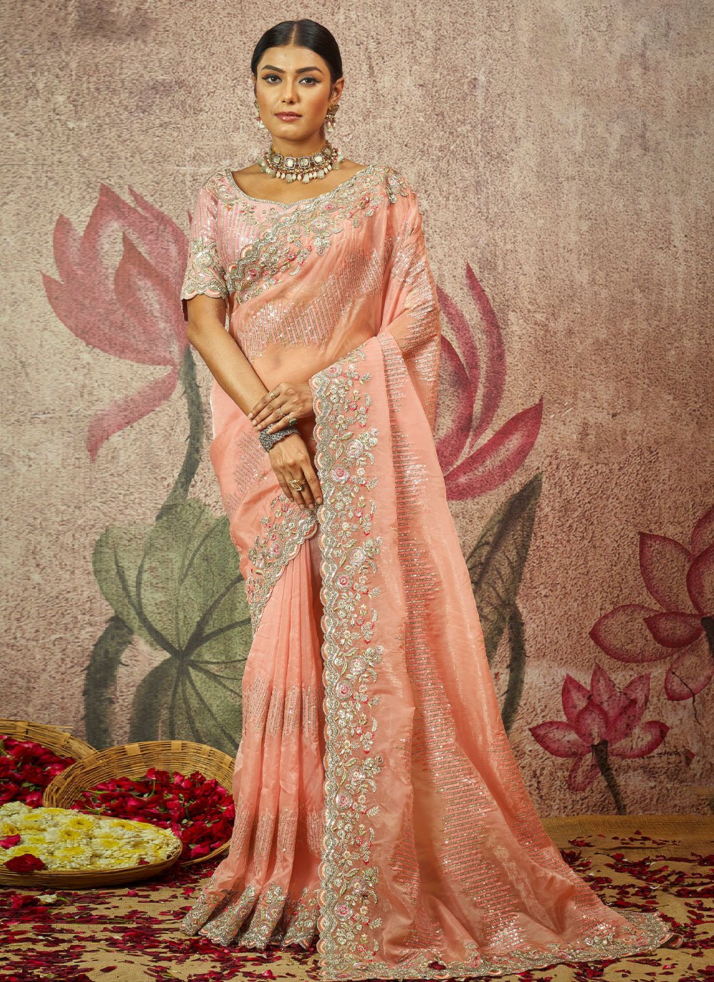 Contemporary Organza Peach Embroidered Saree