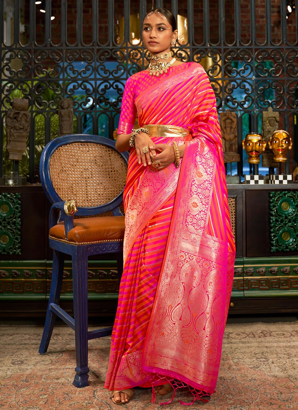 Traditional Saree Handloom Silk Satin Peach Weaving Saree