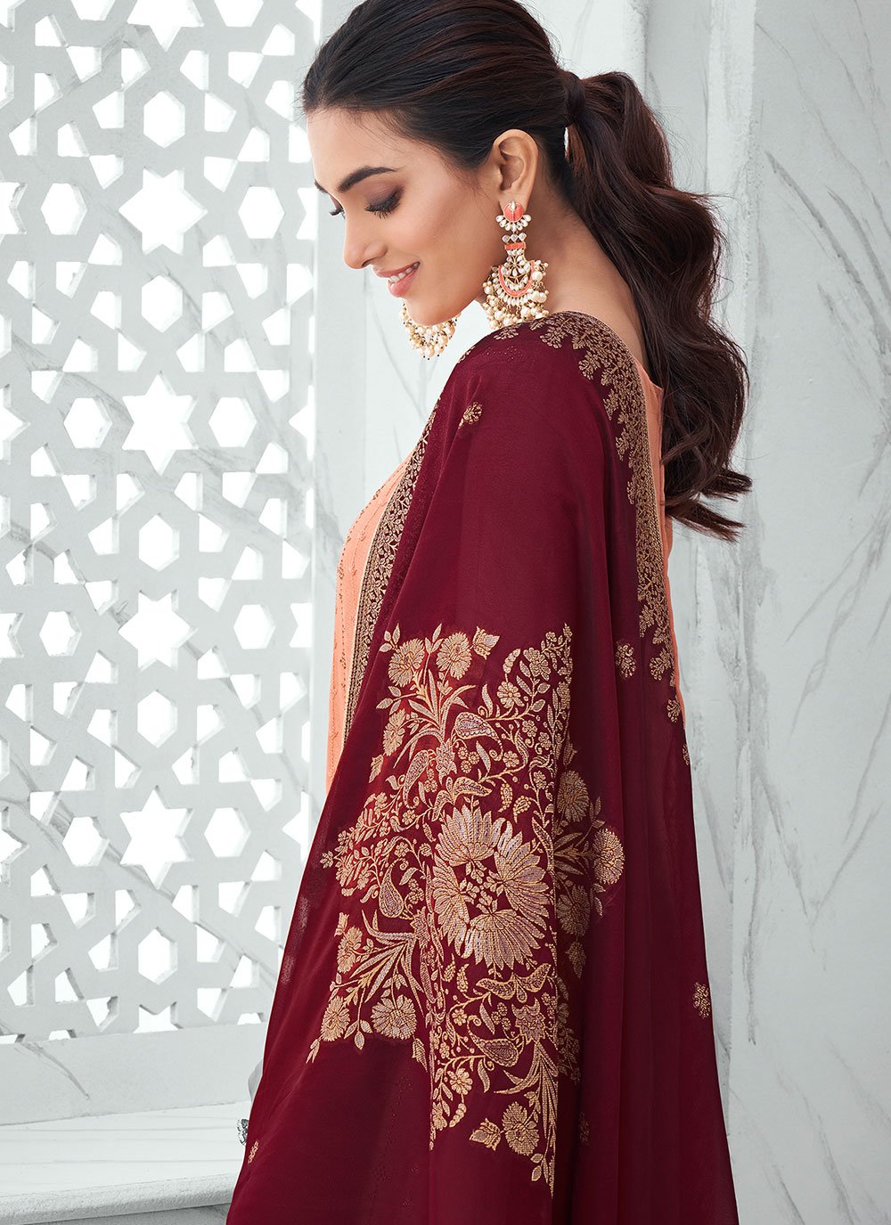 Salwar Suit Chinon Peach Embroidered Salwar Kameez