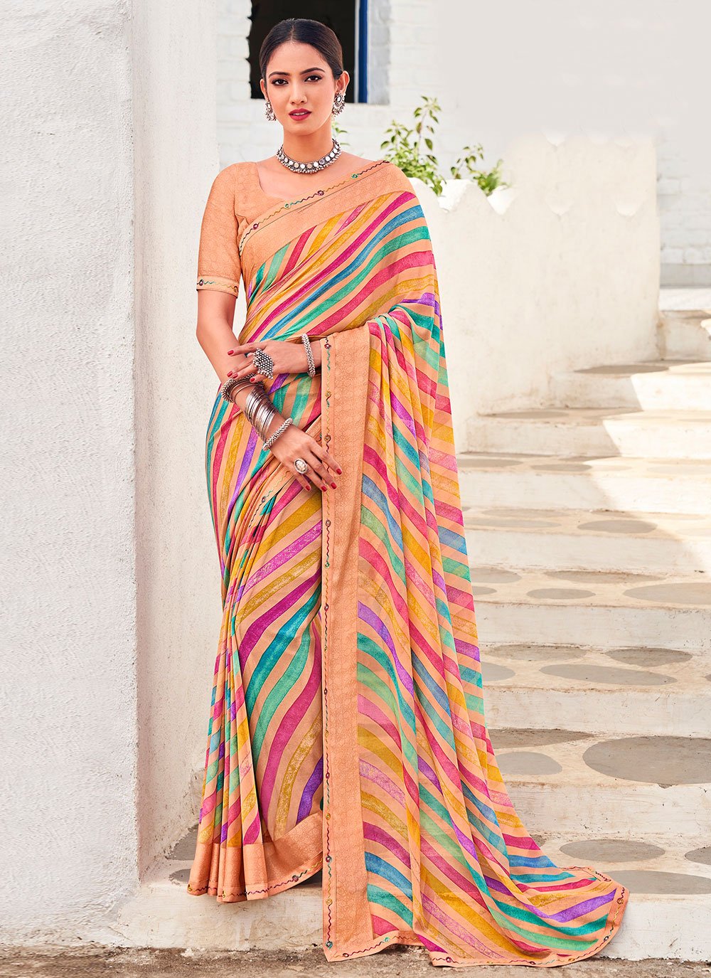 Trendy Saree Georgette Peach Patch Border Saree