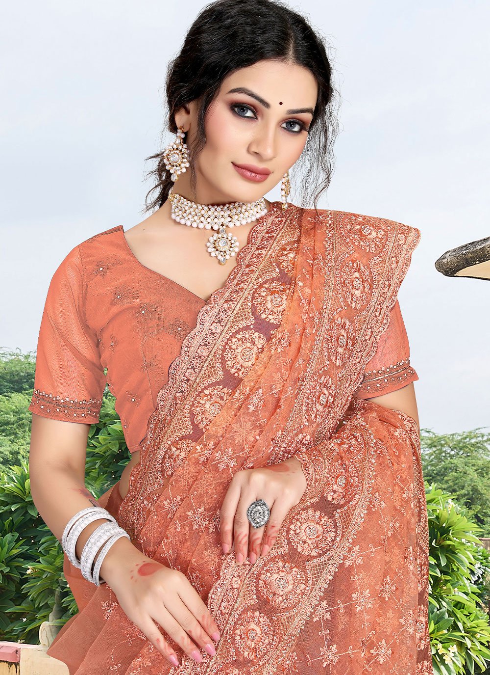 Trendy Saree Net Peach Diamond Saree