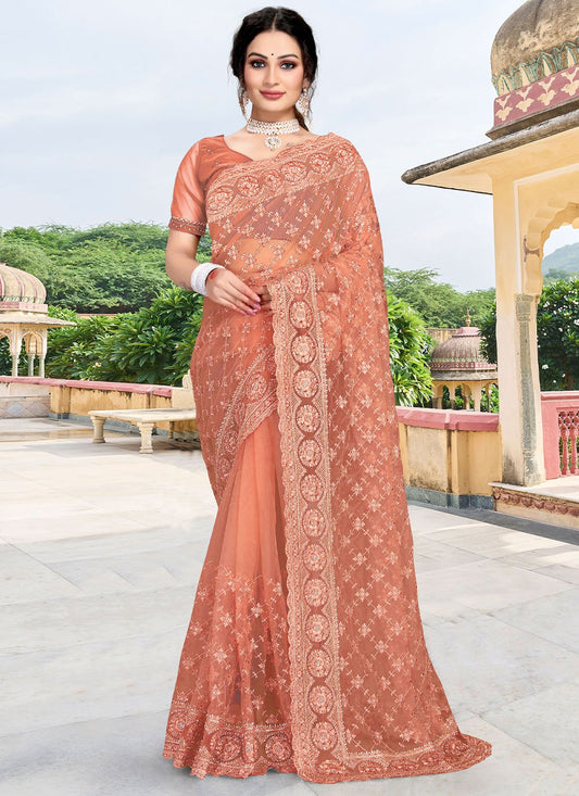 Trendy Saree Net Peach Diamond Saree