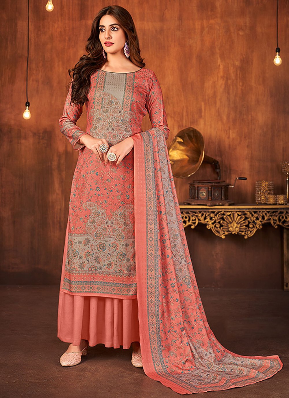 Floor Lenght Salwar Suit Pashmina Peach Diamond Salwar Kameez