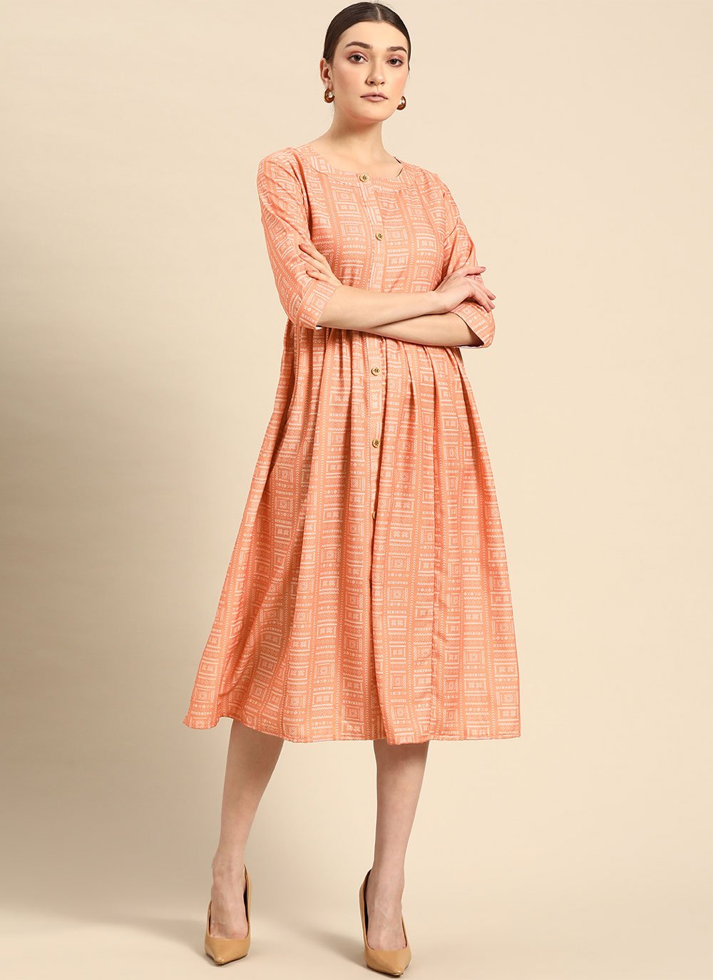 Party Wear Kurti Poly Rayon Peach Print Kurtis